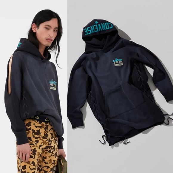 Converse x Faith Connexion Sun Washed Dark Navy Oversized Laced Draped Hoodie - Picture 2 of 11